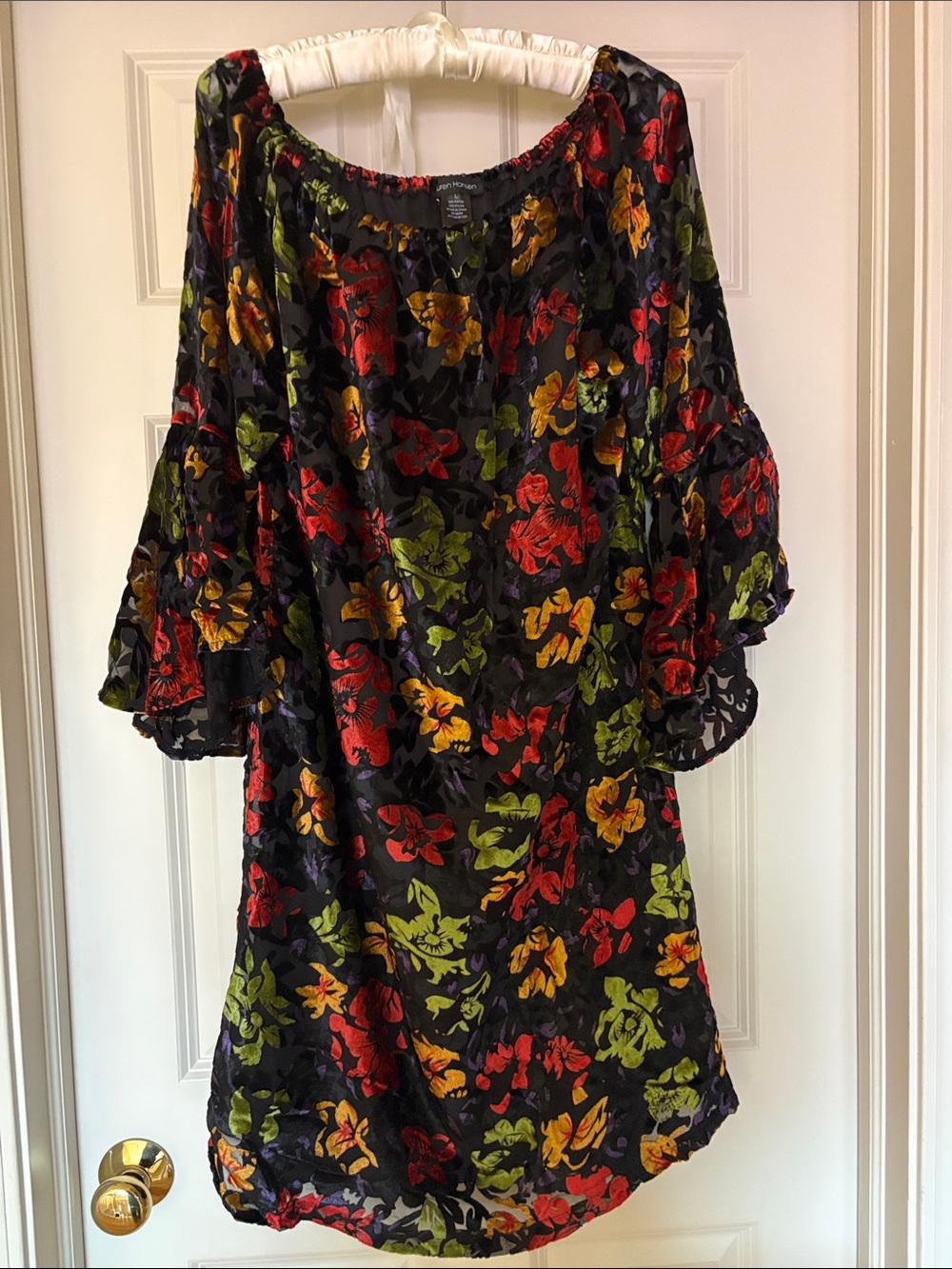 Floral Burnt Velvet Dress in Black with Red, Green & Gold Accents